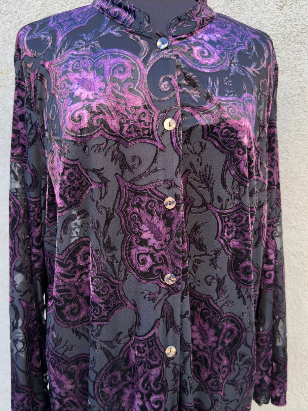 Sheer Paisley Button-Up Tunic in Black and Purple - Picture 6 of 8